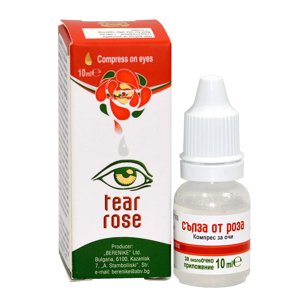 Made with Rose water and having many of the same healthy qualities as your own natural tears. Our Tear Rose Drops are all natural, No Preservatives and Parabens, containing 100% Pure Bulgarian Rose water specifically formulated for the eyes. Tear Rose Drops comes in a convenient multi-dose bottle, is safe to use with contacts, and can be used as often as needed. Suitable for people who spend long hours in front of a computer. Size: 10 ml with a dropper